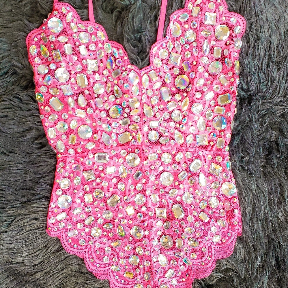 Made to Order Pink Rhinestone Rave Bodysuit - Picture 2 of 5
